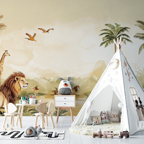 Safari wallpaper mural styled in modern living room with natural light showing African animals and palm trees
