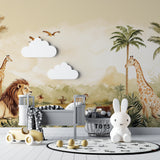 Safari animals mural displayed in home office with warm lighting and natural decor