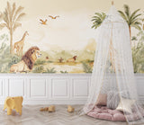 African wildlife mural bringing nature to playroom with reading nook