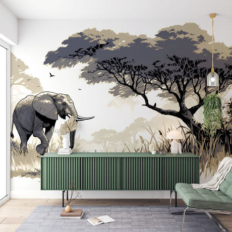 African elephant safari wallpaper creating a stunning focal point in a modern living room with neutral furniture