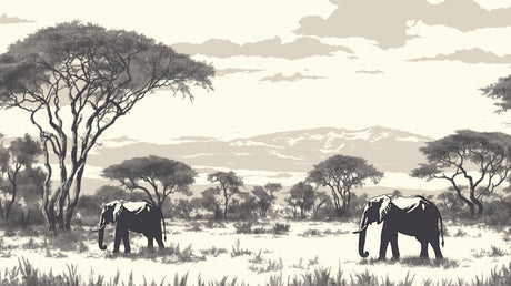 African elephant wallpaper mural styled in a modern living room, showing grey tones and peaceful savanna landscape