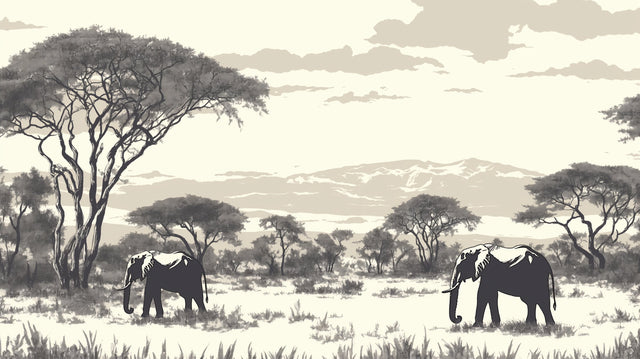 African elephant wallpaper mural styled in a modern living room, showing grey tones and peaceful savanna landscape