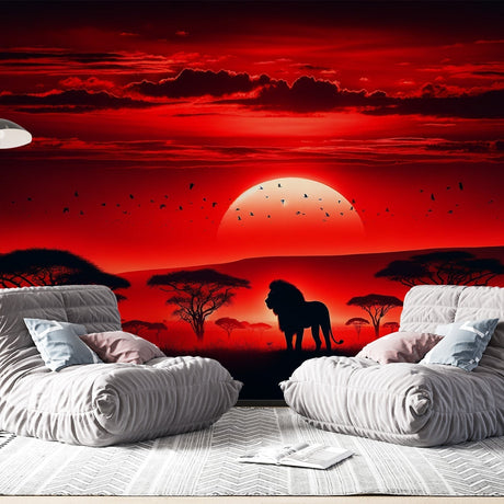 Safari wallpaper with African lion silhouette shown in modern living room, warm sunset tones creating cozy atmosphere
