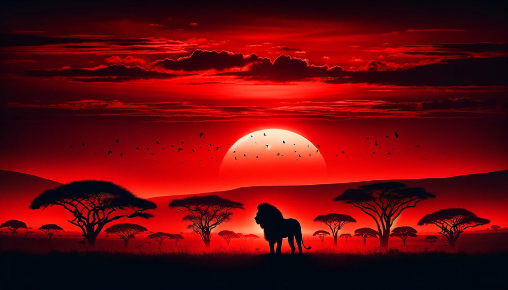 African lion silhouette against sunset design file with acacia trees and dramatic sky