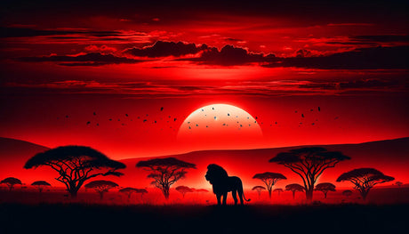 African lion silhouette against sunset design file with acacia trees and dramatic sky