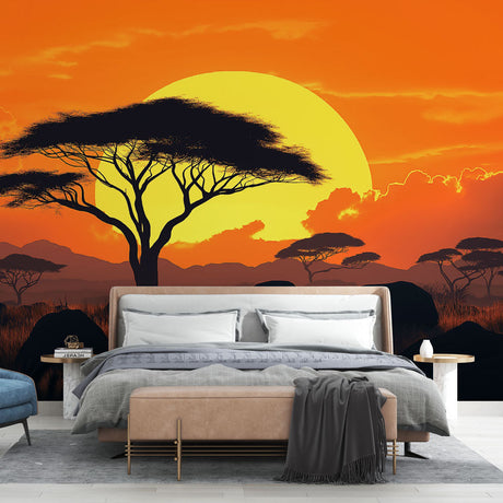 Safari wallpaper mural bringing warmth to a modern living room, African sunset scene creates cozy atmosphere