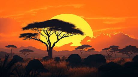 African savanna sunset wallpaper design file showing detailed acacia tree silhouette against orange sky