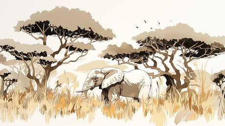 Safari elephant wallpaper creating a peaceful atmosphere in a modern living room with beige and neutral decor