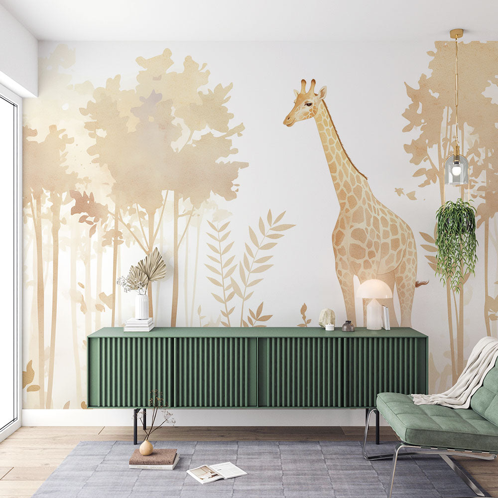 Safari Giraffe Wallpaper creating a peaceful atmosphere in a modern living room with neutral furniture