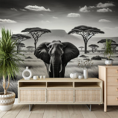 Black and white elephant safari wallpaper creating a dramatic statement wall in a modern living room with minimal furniture