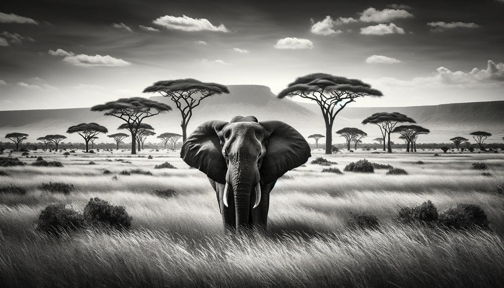 Safari elephant wallpaper design file showing detailed monochrome pattern with majestic elephant and acacia trees