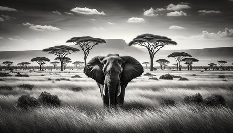 Safari elephant wallpaper design file showing detailed monochrome pattern with majestic elephant and acacia trees