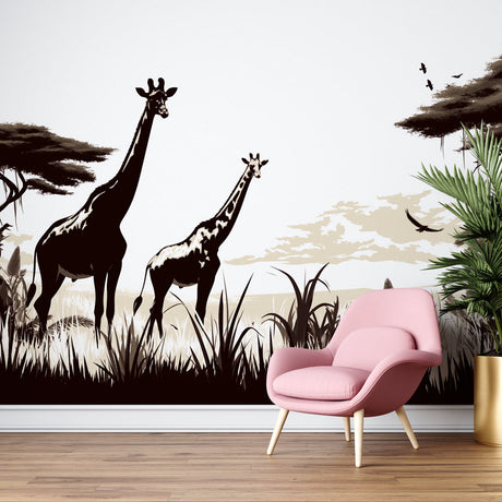 Black and white safari wallpaper with giraffe silhouettes creating depth in a modern minimalist living room