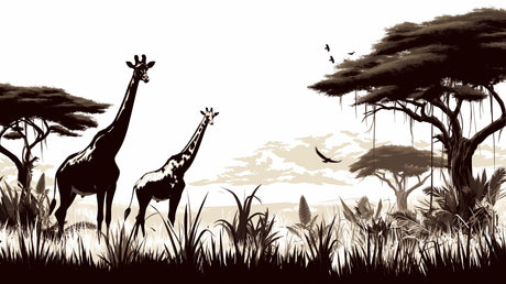 Safari giraffe wallpaper design file showing full pattern with misty savanna landscape and acacia trees