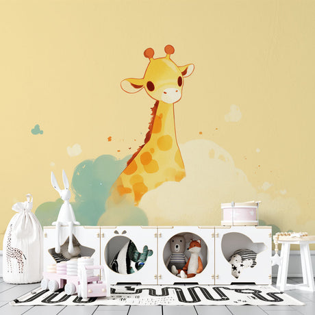 Sweet Giraffe nursery wallpaper brings charm to a modern nursery, shown with natural wooden furniture and soft textiles
