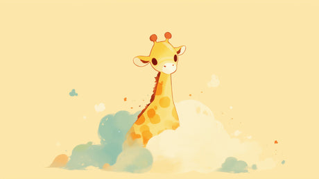 Giraffe wallpaper design file showing full pattern with dreamy clouds and gentle watercolor effects