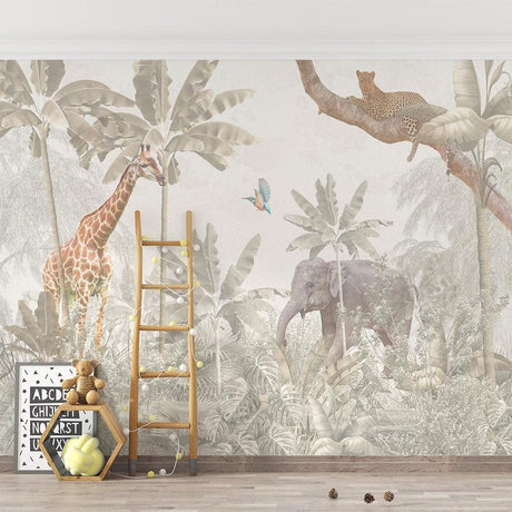 Safari wallpaper creates cozy atmosphere in modern nursery with neutral furniture and natural light