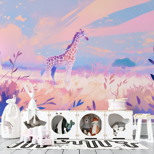 Safari Mural Wallpaper featuring dreamy giraffe scene in soft pastels, styled in a modern nursery with white furniture