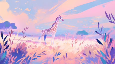 Giraffe wallpaper design file showing full pattern with pastel sunset colors and savanna silhouettes