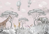 Safari nursery wallpaper design file showing full pattern with gentle animals and hot air balloons