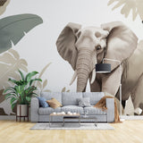 Safari elephant wallpaper creating a serene atmosphere in a modern living room with neutral furniture and natural light