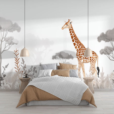 Safari Mural Wallpaper showing elegant giraffe design in modern living room with grey sofa and natural light