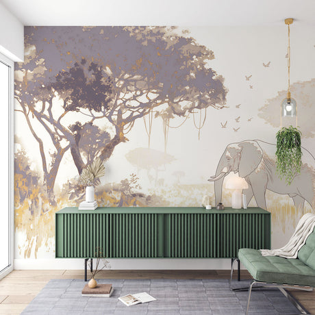 Safari elephant wallpaper displayed in a modern living room, creating a peaceful atmosphere with soft golden tones
