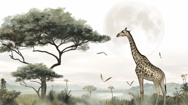 Safari Mural Wallpaper creating a magical atmosphere in a modern nursery with soft lighting