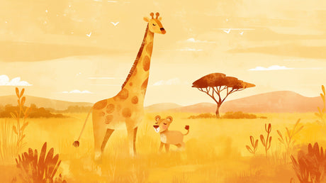 Safari animals wallpaper bringing warmth to a modern nursery with golden giraffe and playful lion design
