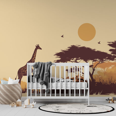 Safari wallpaper with giraffe silhouette shown in a modern living room setting, warm sunset tones creating depth