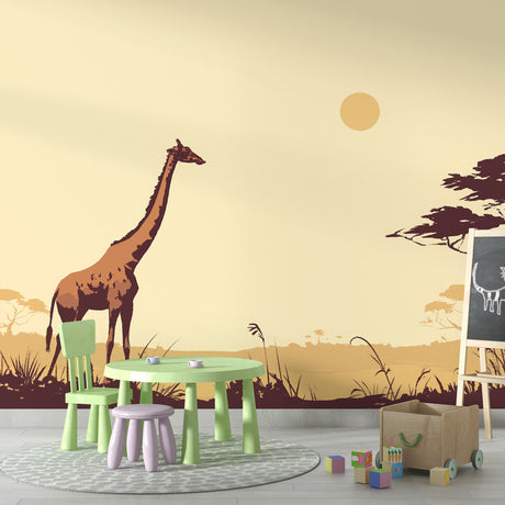 Safari Mural Wallpaper creating a stunning focal point in a modern living room, golden sunset tones warming the space