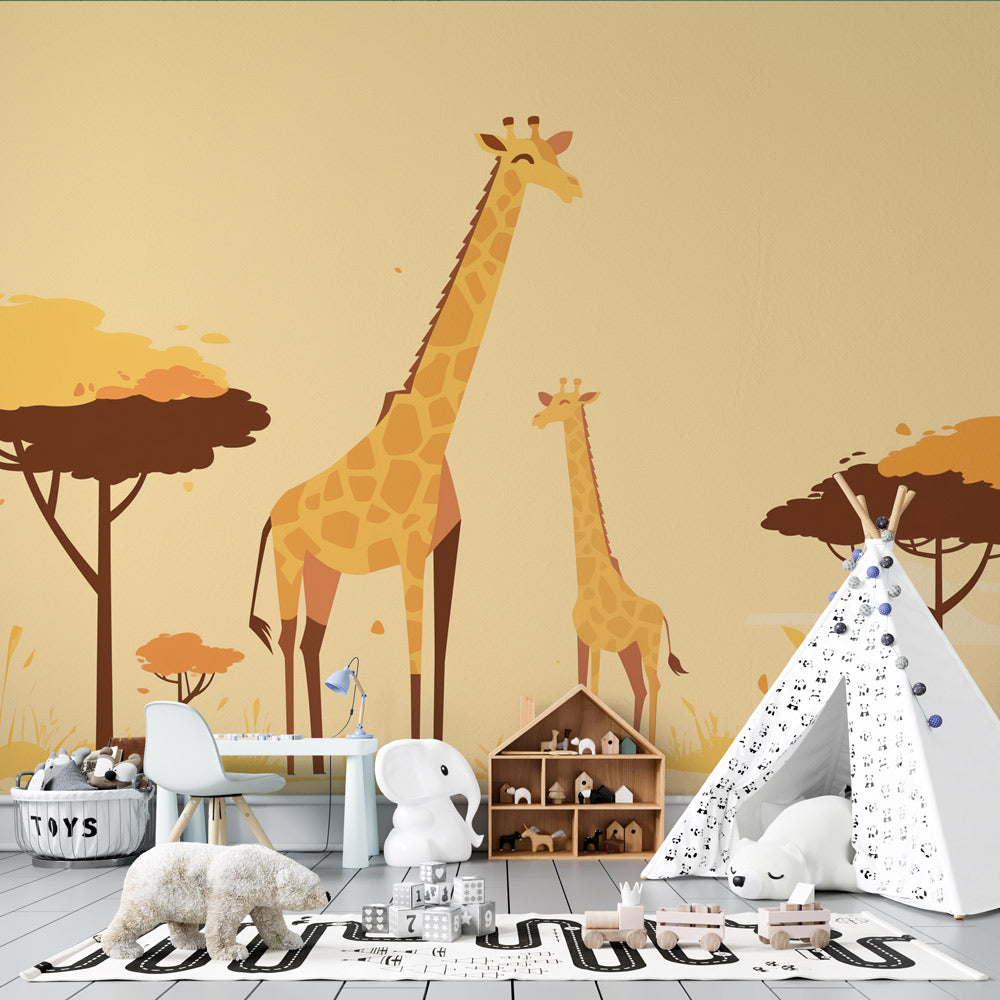 Safari Mural Wallpaper showing gentle giraffe family scene in a bright nursery with natural wood furniture