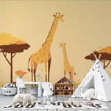 Safari Mural Wallpaper showing gentle giraffe family scene in a bright nursery with natural wood furniture