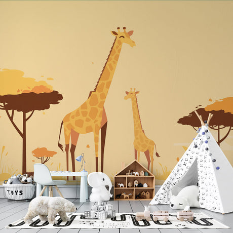 Safari Mural Wallpaper showing gentle giraffe family scene in a bright nursery with natural wood furniture