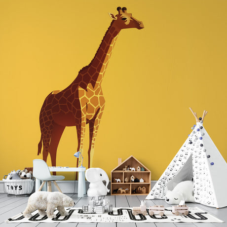 Safari Mural Wallpaper with giraffe design styled in modern nursery, showing warm yellow tones complementing natural decor
