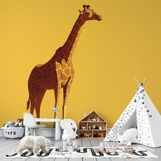 Safari Mural Wallpaper with giraffe design styled in modern nursery, showing warm yellow tones complementing natural decor