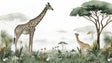 Safari mural wallpaper in cozy nursery showing giraffe scene with soft lighting and natural decor