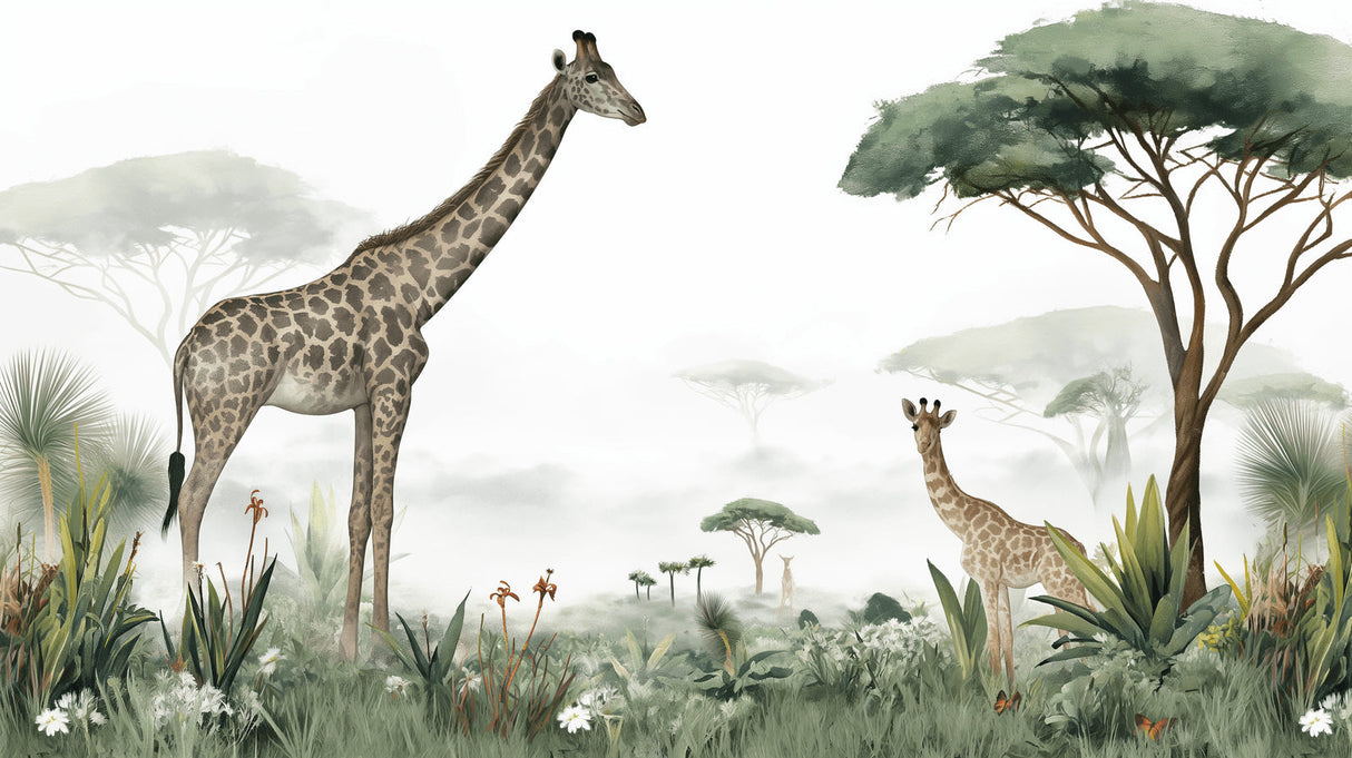 Safari mural wallpaper in cozy nursery showing giraffe scene with soft lighting and natural decor