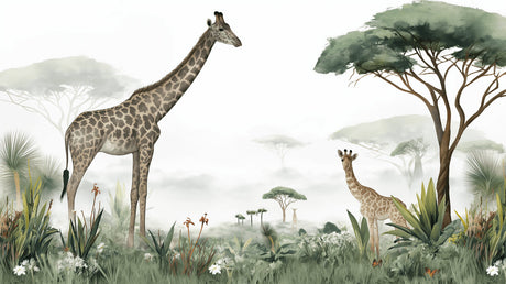Safari mural wallpaper in cozy nursery showing giraffe scene with soft lighting and natural decor