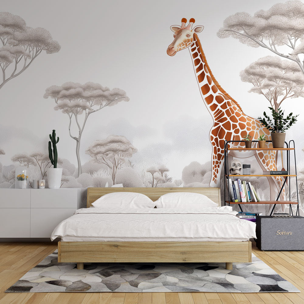 Safari Mural Wallpaper featuring giraffe and misty trees in a modern living room setting with grey sofa and natural light