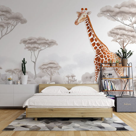 Safari Mural Wallpaper featuring giraffe and misty trees in a modern living room setting with grey sofa and natural light