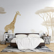 Safari Mural Wallpaper with golden giraffe bringing warmth to a modern living room with neutral furniture