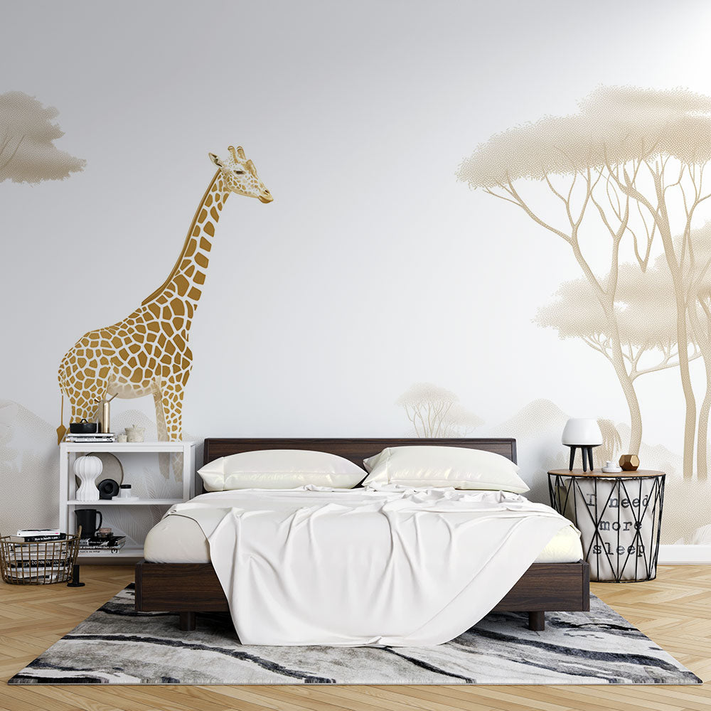 Safari Mural Wallpaper with golden giraffe bringing warmth to a modern living room with neutral furniture