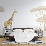 Safari Mural Wallpaper with golden giraffe bringing warmth to a modern living room with neutral furniture