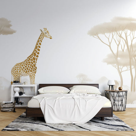 Safari Mural Wallpaper with golden giraffe bringing warmth to a modern living room with neutral furniture