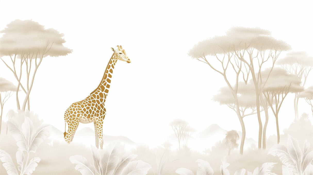 Golden Giraffe Safari Wallpaper design file showing intricate details and misty savanna backdrop