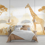 Safari Mural Wallpaper showcasing a golden giraffe design in a modern living room with natural lighting