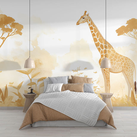 Safari Mural Wallpaper showcasing a golden giraffe design in a modern living room with natural lighting