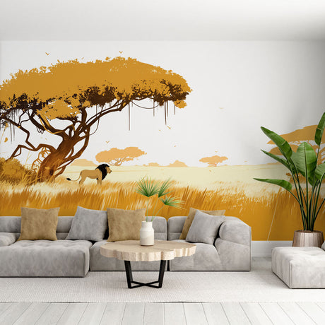Safari Lion Wallpaper Mural styled in a modern living room, creating a bold accent wall with warm golden tones