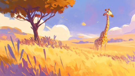 Safari giraffe wallpaper mural in a bright nursery, showing how the golden savanna design creates a warm, nurturing atmosphere